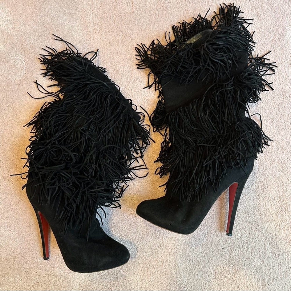 Christian Louboutin Fringed Black High Heel Boots